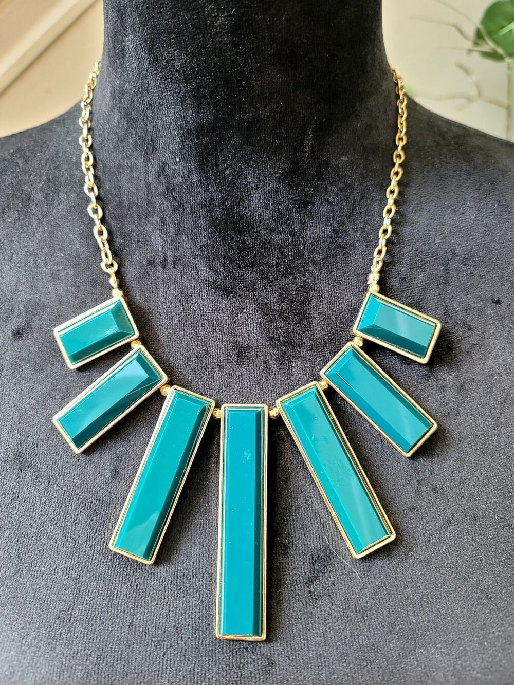 Turquoise Blue Gold Tone Geometric Bib Statement Necklace Fashion Jewelry